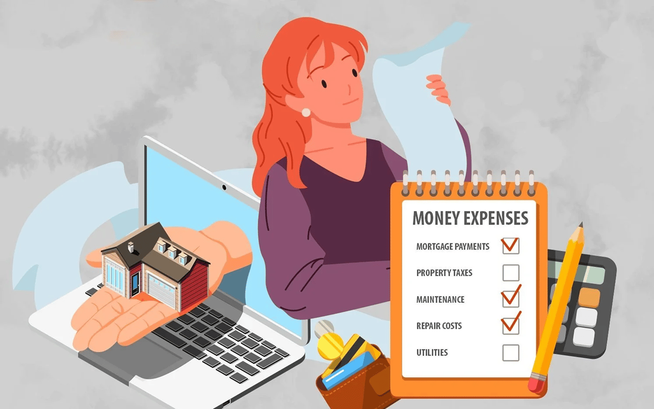 Illustration of a homebuyer reviewing housing expenses beside a house and budget checklist.