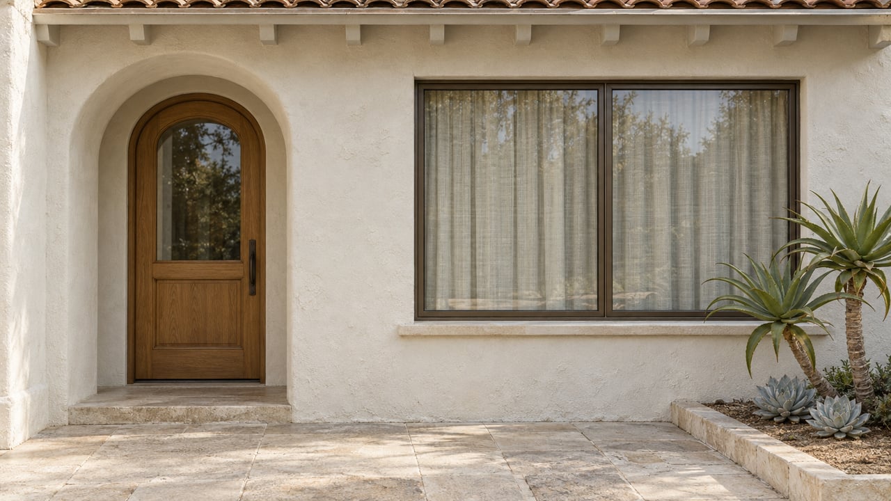 Sunlit ivory stucco home entrance with an arched oak door, bronze-framed window, worn limestone terrace and sculptural succulents.