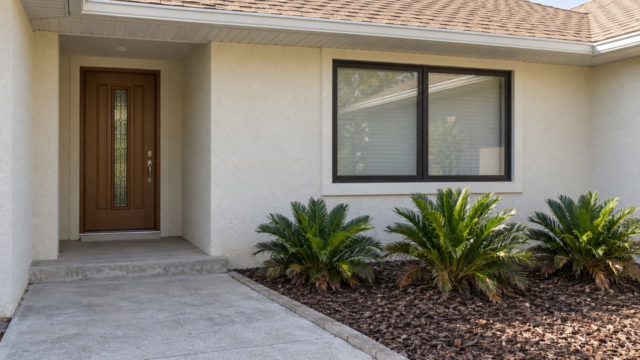 Cream stucco home entrance with a warm brown door, tan hip roof, black-framed window and three coontie plants beside a concrete walk.