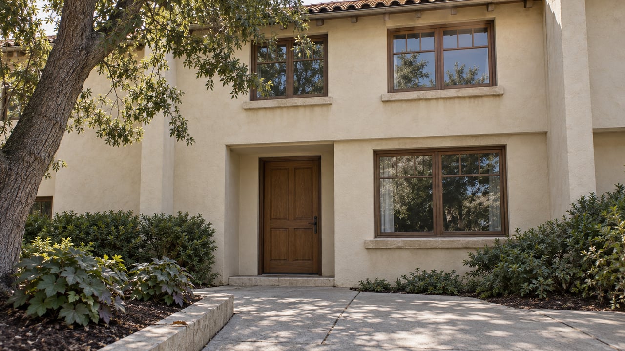 Cream stucco condominium entrance with an oak door, wood-framed windows, clay roof tiles, and a planted stone-edged approach.