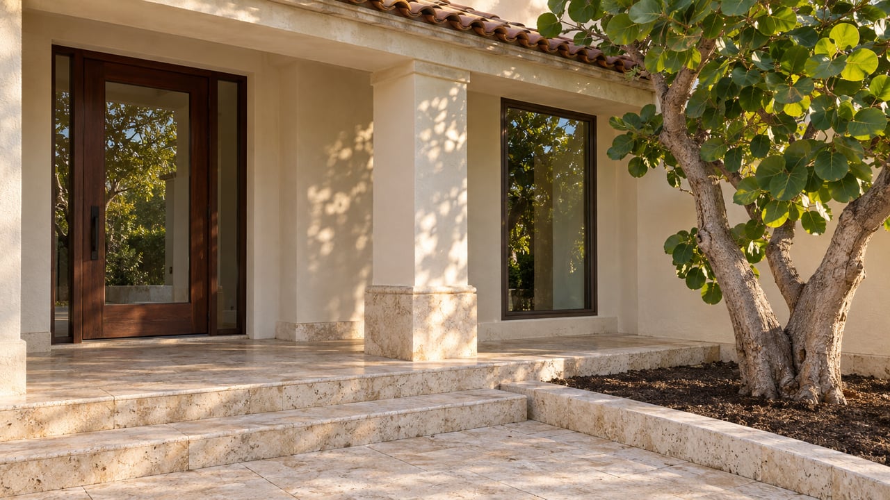 Sunlit ivory stucco entry with a glazed mahogany door, limestone steps and a sculptural sea grape tree.
