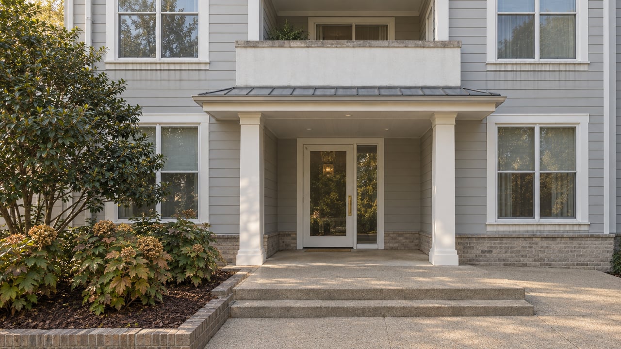 Pale-gray condominium facade with white porch columns, a glazed shared entrance, broad concrete steps and curated flowering-shrub beds.
