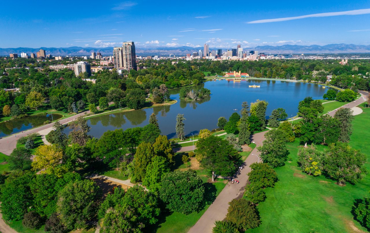 Aerial view of City Park, a sought-after Denver neighborhood for homebuyers