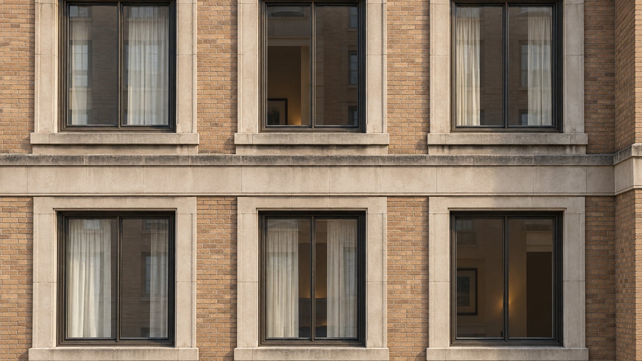 Buff brick apartment facade with limestone window surrounds, bronze-framed windows and softly varied linen curtains.