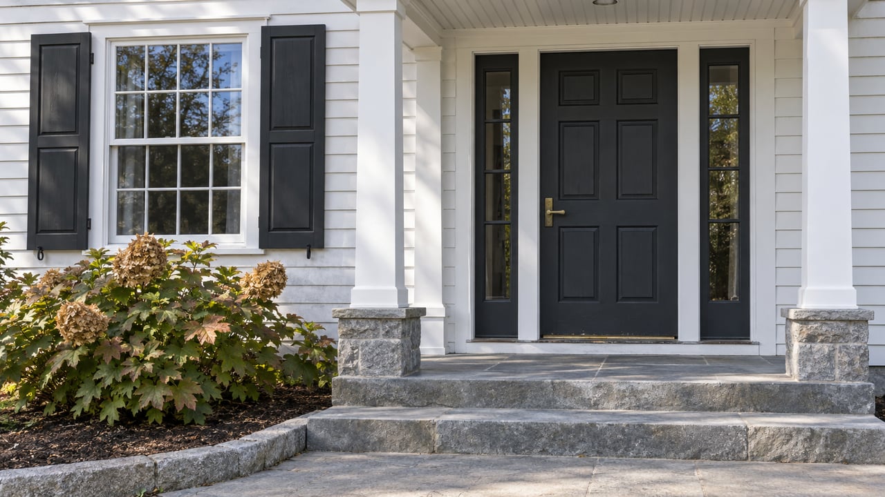 White clapboard home with a charcoal front door, black shutters, bluestone steps and copper-green oakleaf hydrangea.