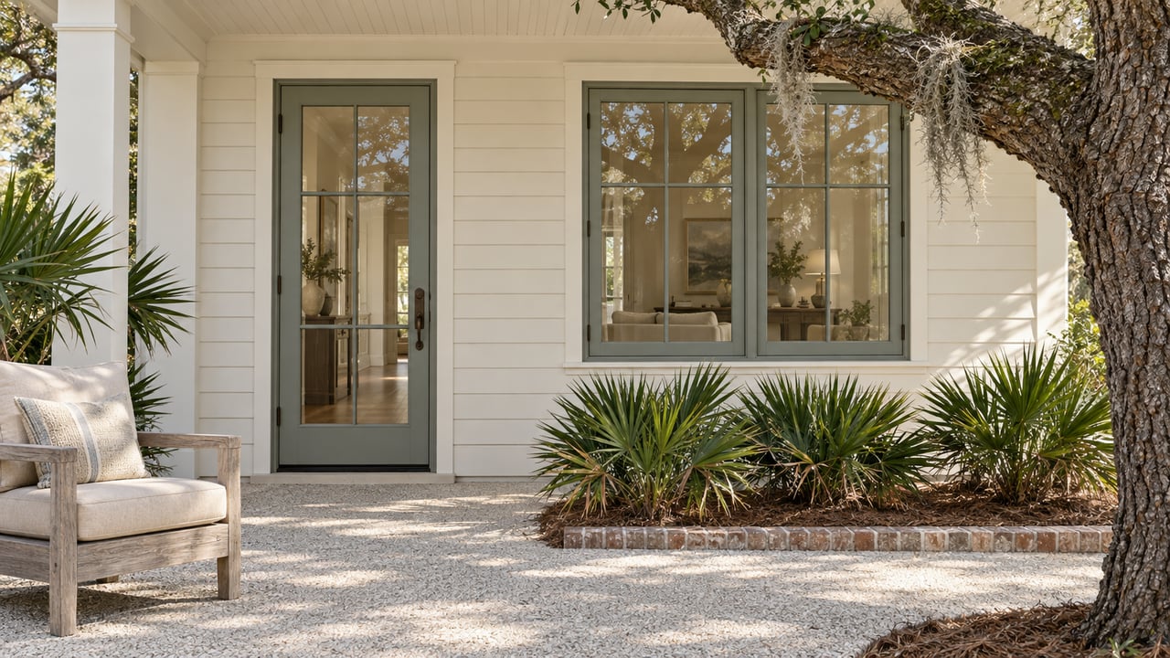 Cream clapboard villa entry with gray-green glazed door and window, a teak porch chair, shell-aggregate terrace and an oak-shaded planted edge.