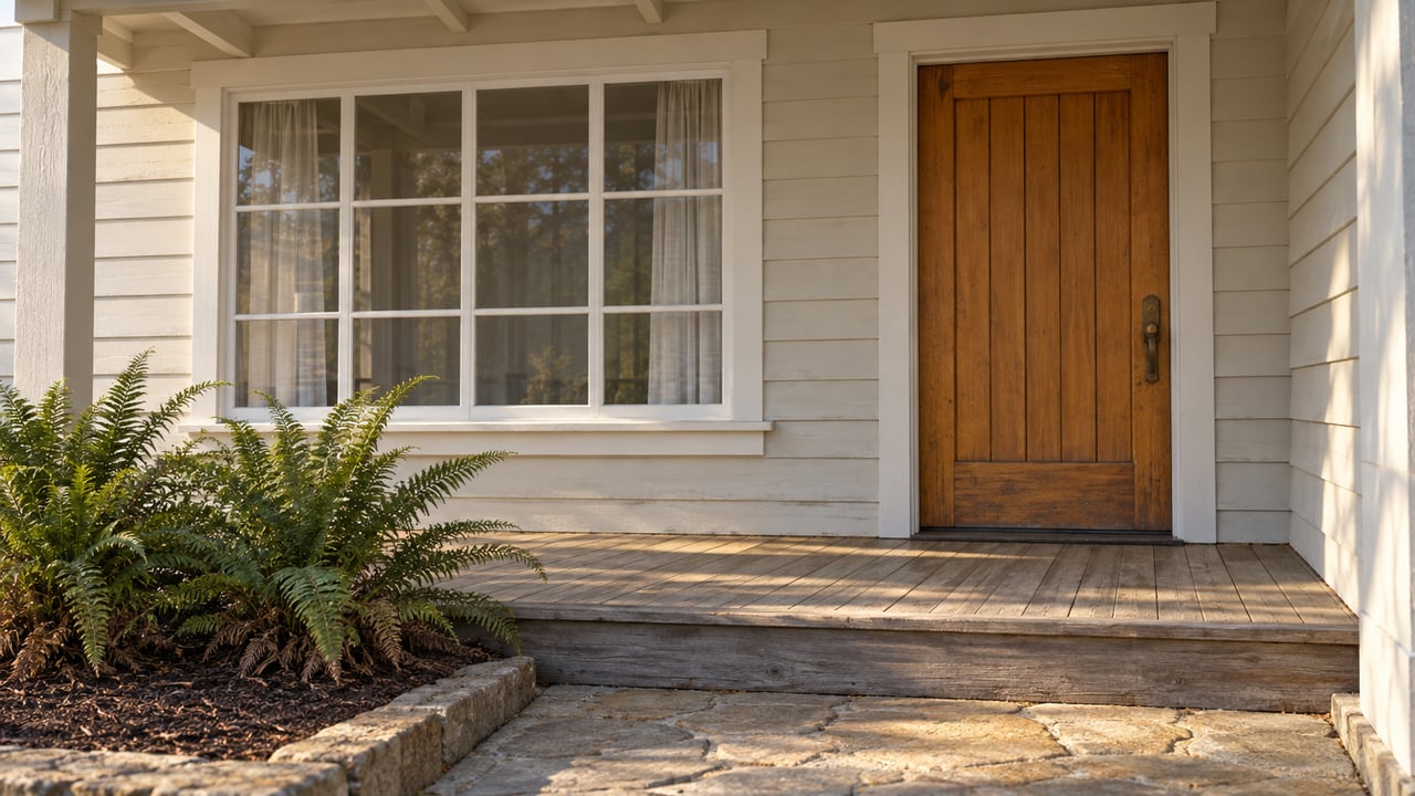 House entrance with a wooden door, broad window, fern garden, and stone walkway.