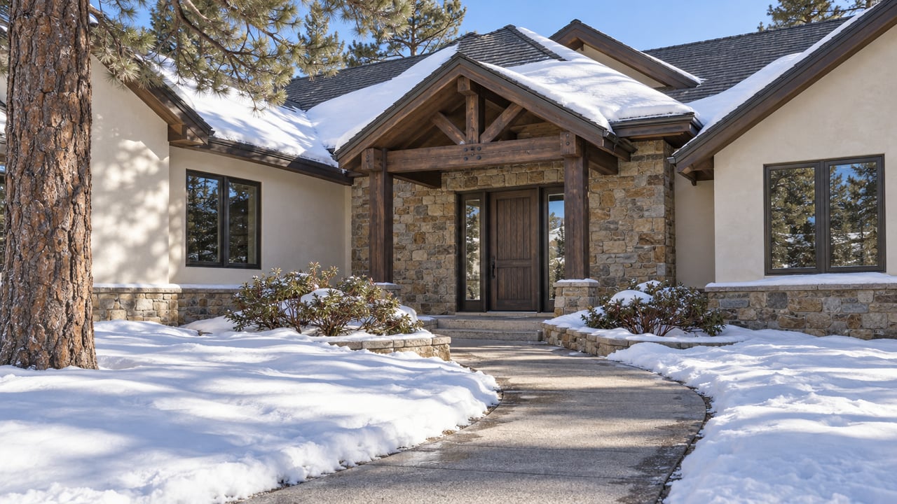 Snow-covered front yard and cleared curved walkway leading to a gabled home with ivory stucco, tan stone, dark timber porch beams, and a mature pine.