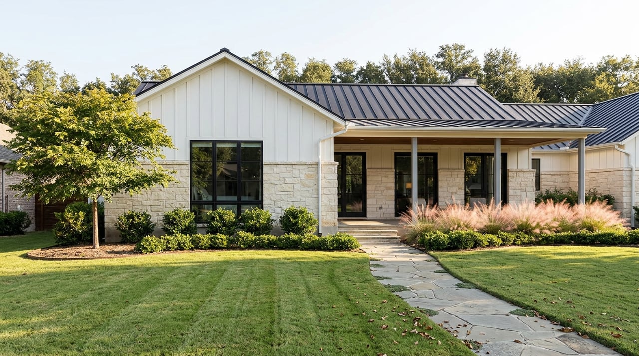 Single-story home with beige limestone and white gables, fronted by a flagstone path and broad lawn.