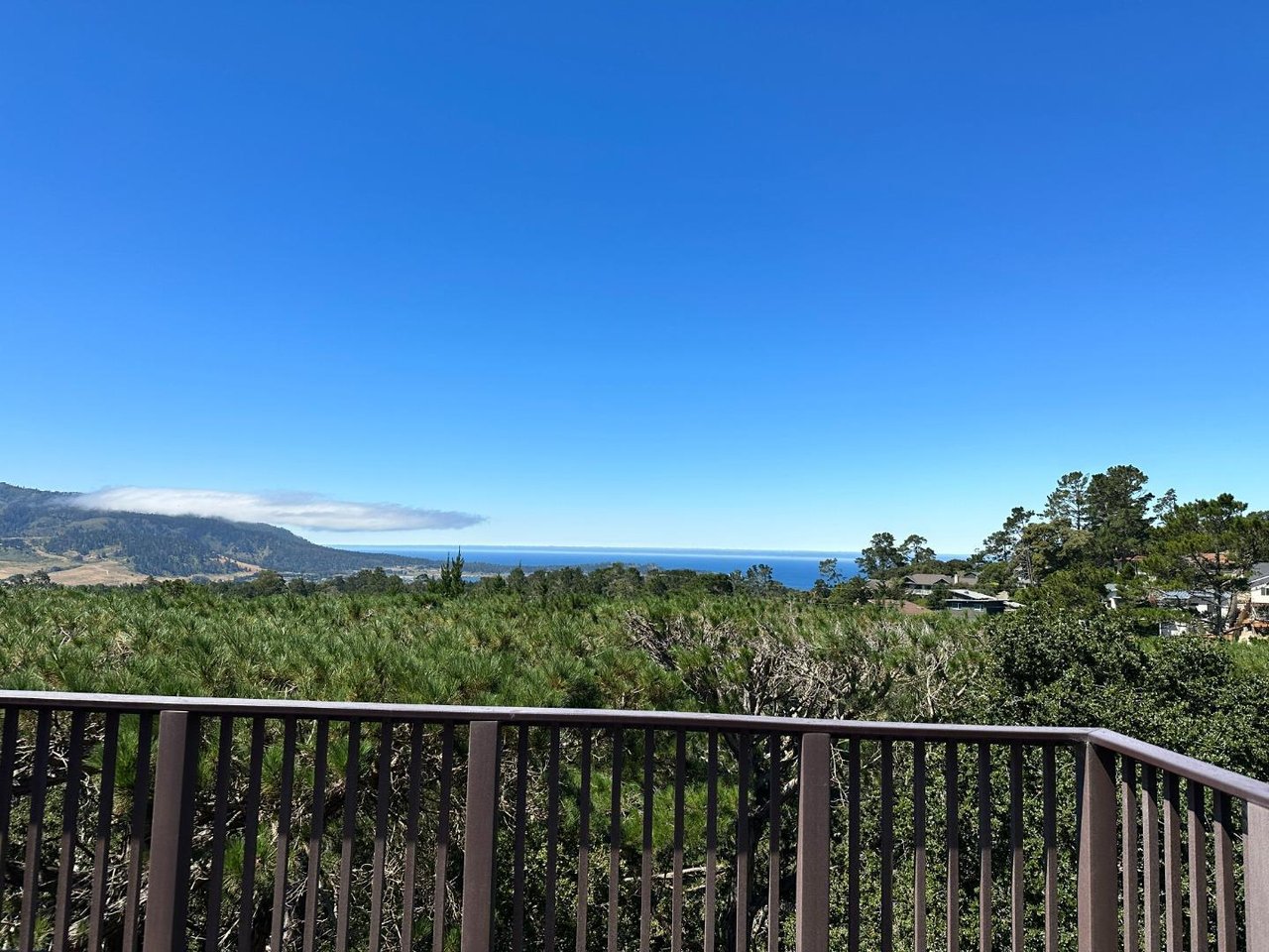 Coastal view from a deck, with forested hills, homes, and the Pacific Ocean beyond the greenery.