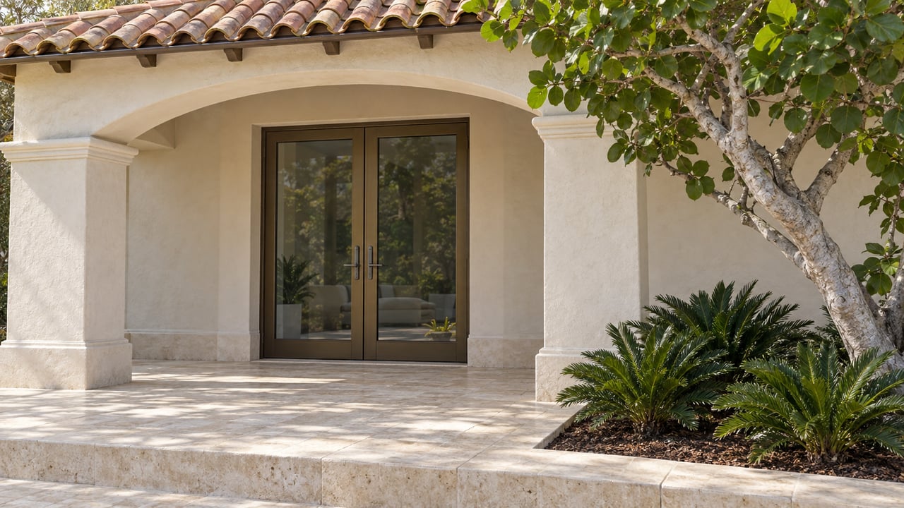 Home entrance with arched stucco facade, dark double doors, tiled porch, and terracotta roof.