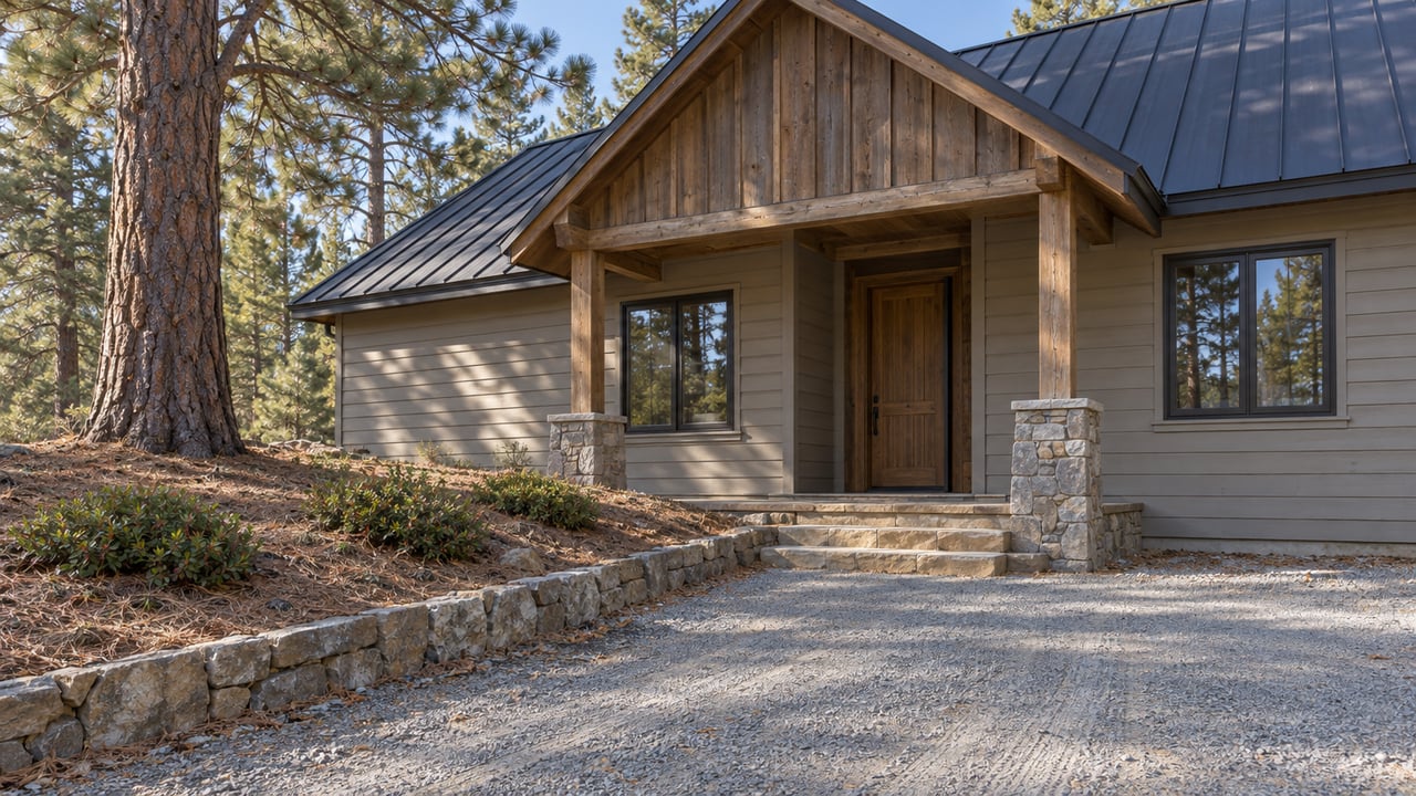 Wood-sided home with a covered timber porch beside a ponderosa pine, above a gravel driveway and stone retaining curb.
