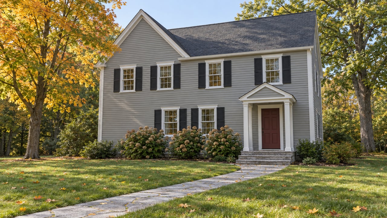 Gray clapboard home with paired black shutters, granite entry steps and a broad lawn beneath early-autumn trees.