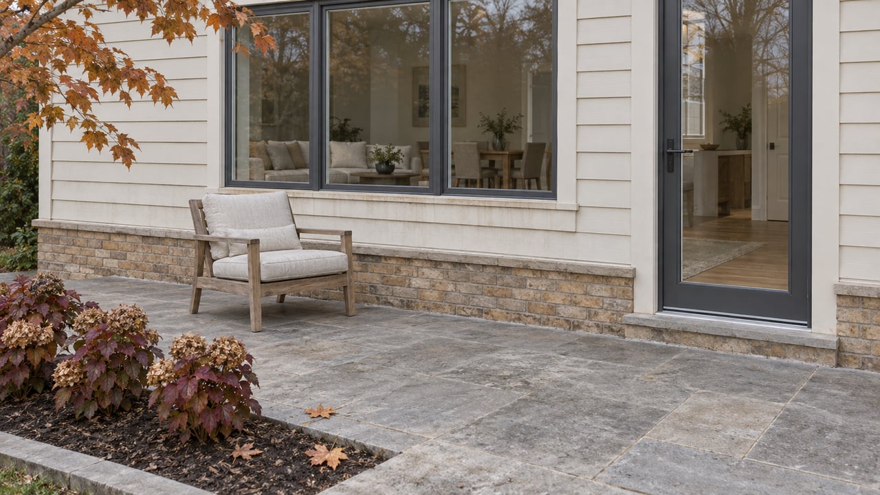 An autumn rear terrace beside a light-sided home, with limestone paving, a teak chair and burgundy oakleaf hydrangeas.