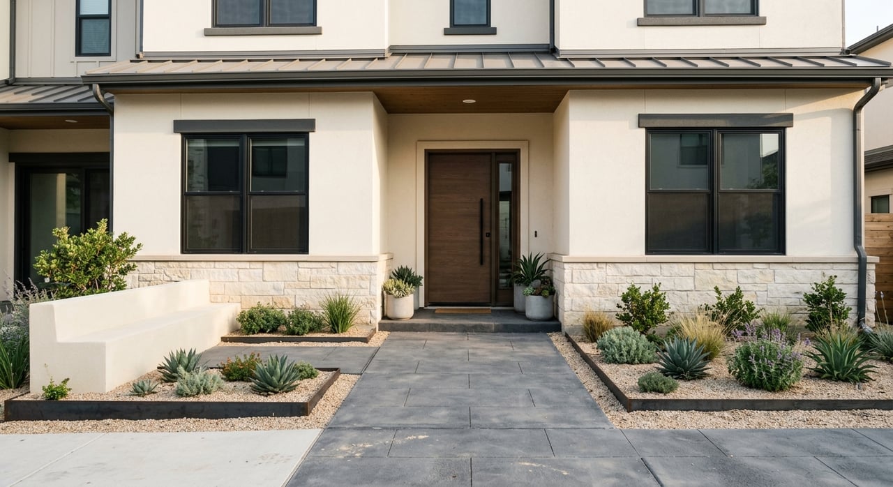 Townhome entry with an oak door, cream stucco seat wall, gravel garden, and flowering plants.