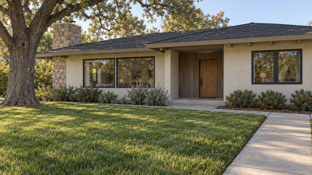 Cream stucco single-story home with cedar entry, stone chimney, mature oak, deep front lawn, and carefully spaced planting beds.