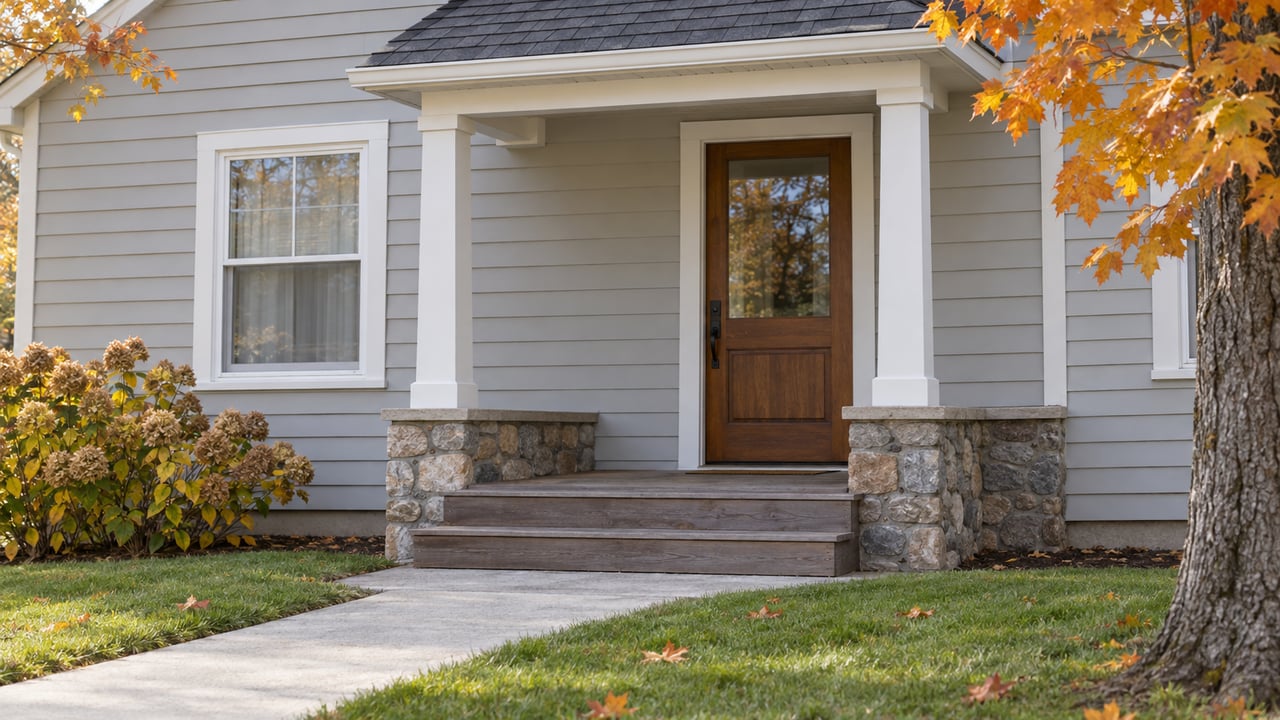 A pale gray gabled home's covered entry with white posts, weathered timber steps, a concrete walk and autumn maple leaves.