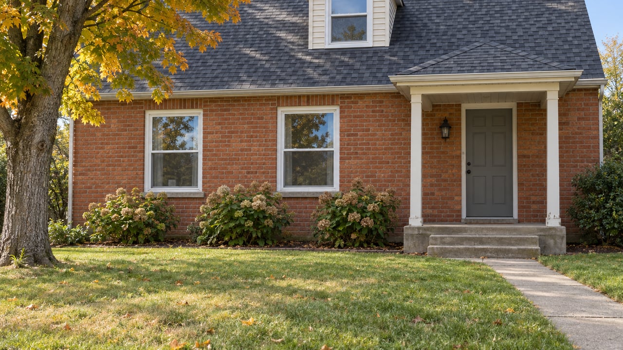 Modest brick home with an ivory dormer, concrete front steps and an autumn lawn beneath an amber maple.