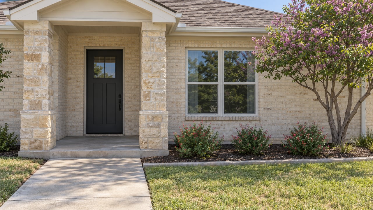 Cream brick home with a recessed charcoal front door, tan limestone porch supports, a broad window and a concrete approach beside lawn and flowering shrubs.