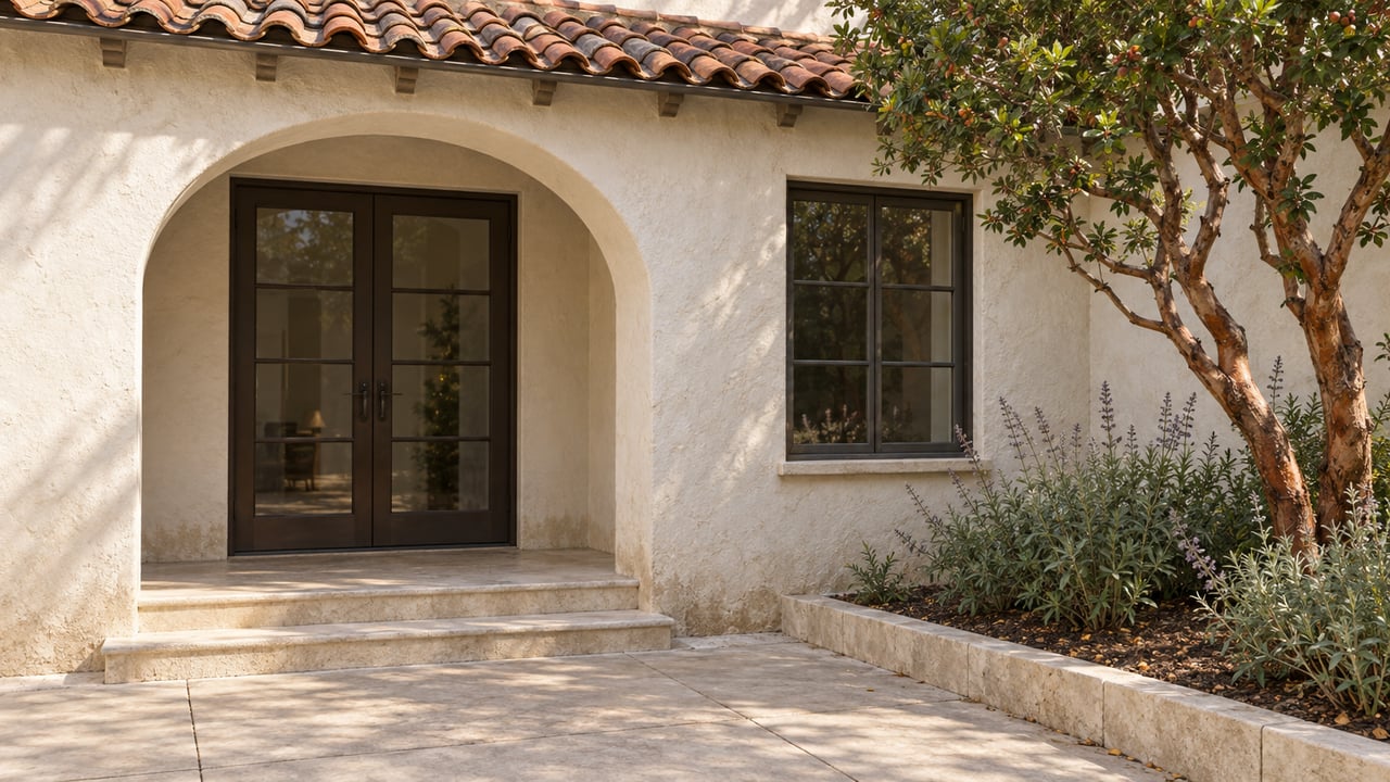 Sunlit cream stucco courtyard entrance with terra-cotta roof tiles, bronze-framed glass doors, limestone steps and a strawberry tree.