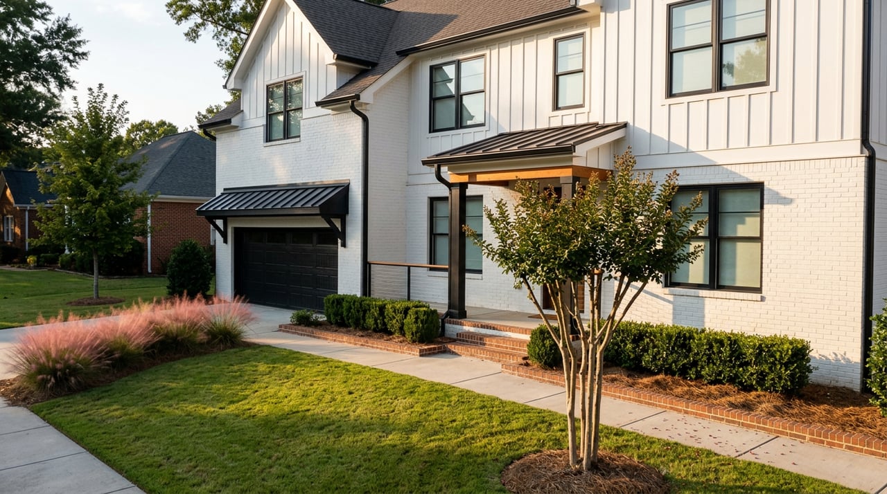 White-brick and board-and-batten home with black windows, garage awning, and landscaped lawn in sunlight.