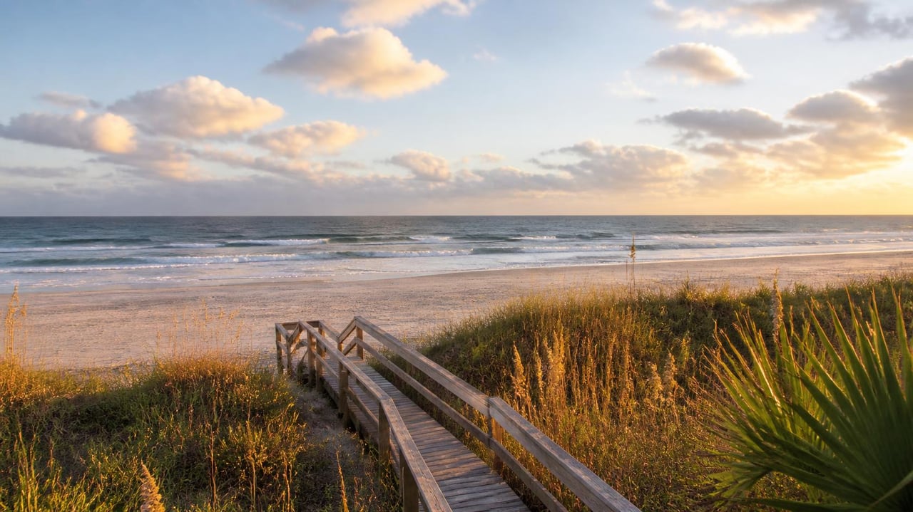 Wooden boardwalk through grassy dunes to a sandy beach and ocean at sunset.