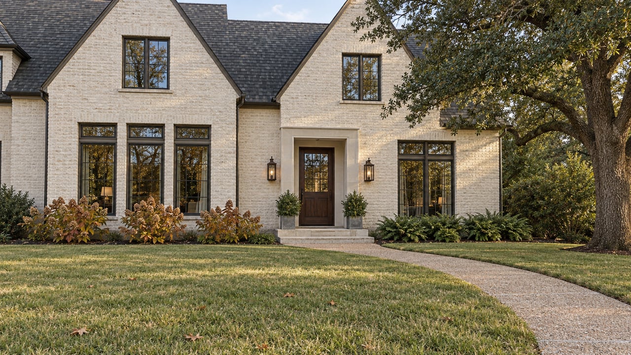 Warm ivory brick home behind a deep autumn lawn, with bronze-framed windows, a recessed oak entry and a spreading live oak.