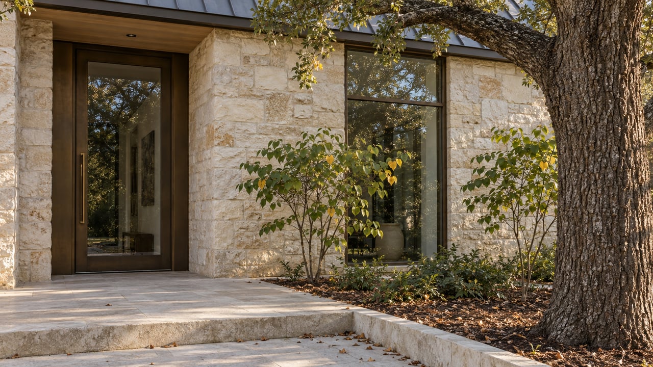 Morning light grazes a limestone home's recessed glass entry beside a mature oak and a broad stone landing.