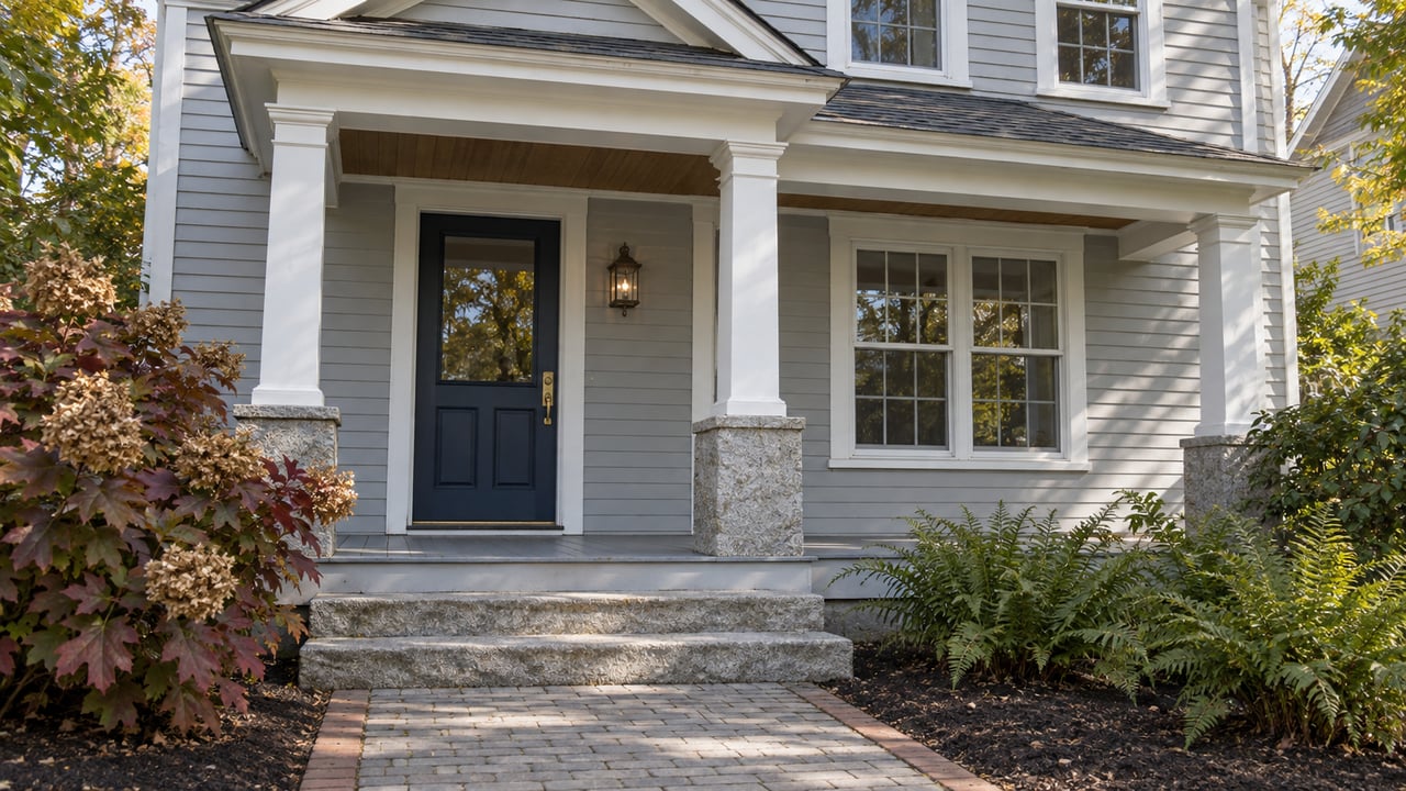 Pale gray clapboard home with a covered porch, navy door, granite steps and autumn oakleaf hydrangea.