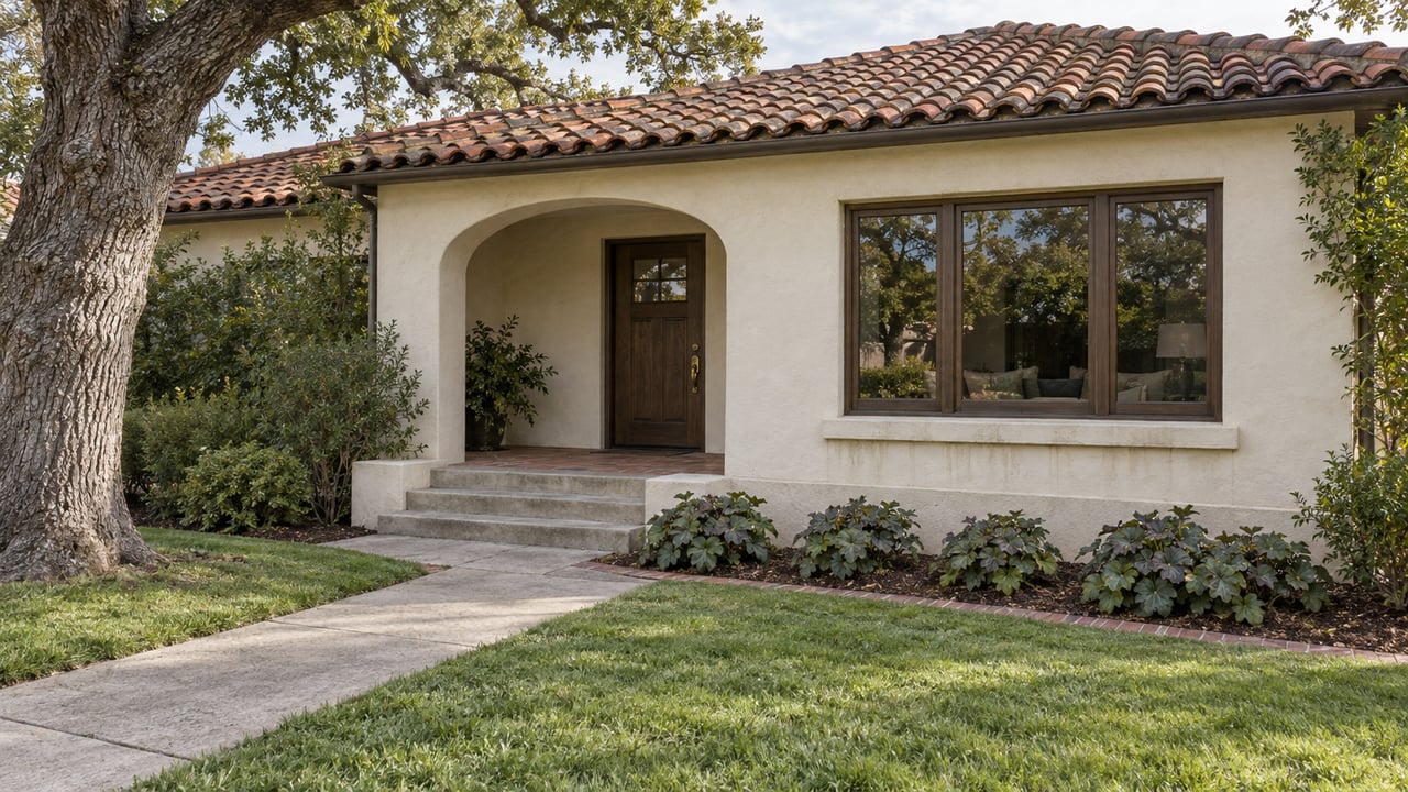 An ivory stucco home with a clay-tile roof, recessed arched porch and mature oak beside a deep front lawn.