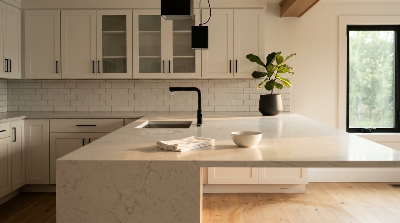 Kitchen island with pale veined quartz, two black pendants, white cabinetry, and a sunlit window beside a fiddle-leaf fig.