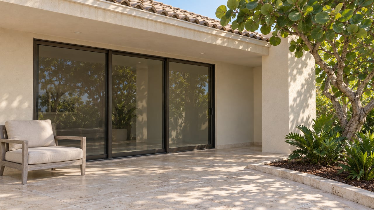 Morning light on an ivory stucco home's limestone terrace, closed bronze-framed glass doors, a teak chair and sea grape planting.