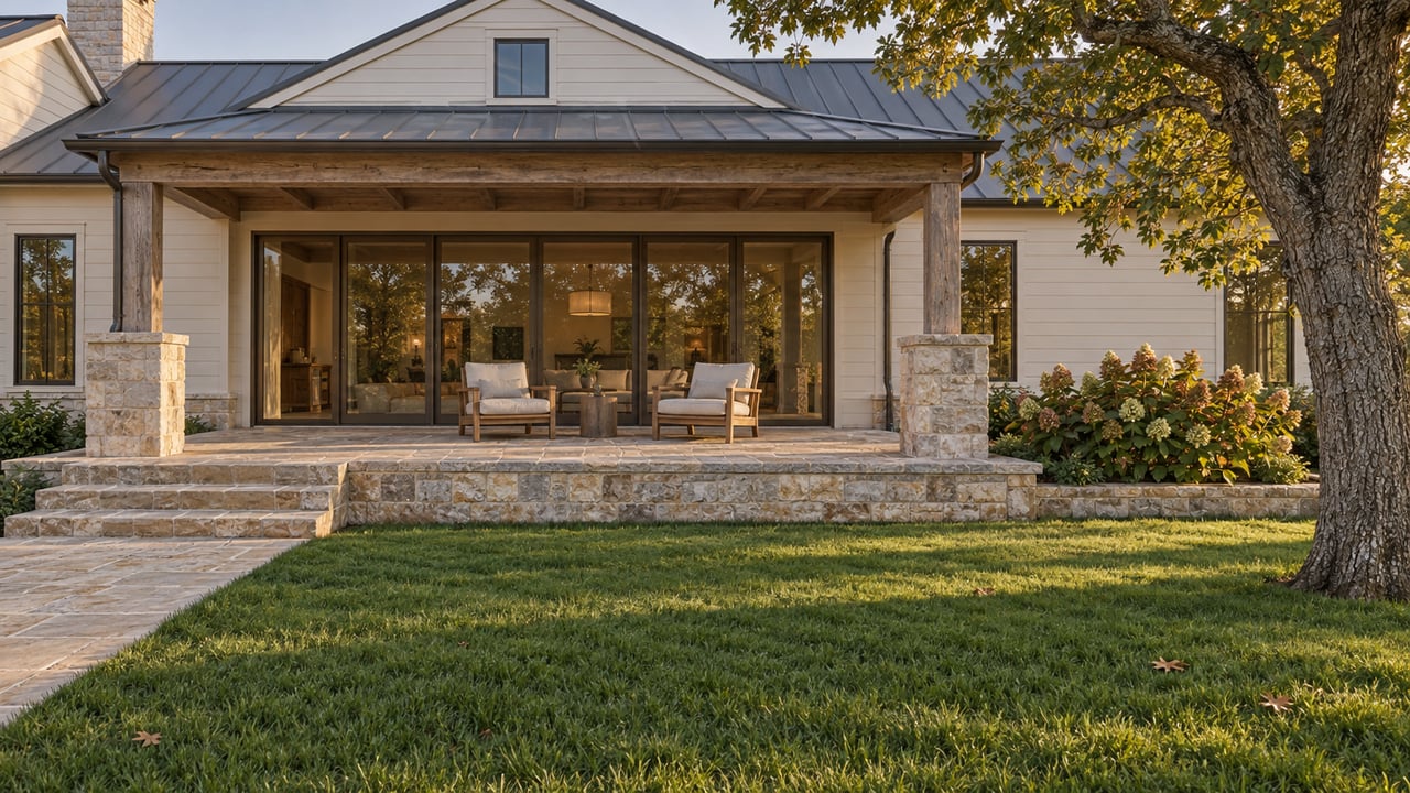 Warm evening light on a stone-and-painted-siding home with a covered patio, teak chairs and a broad lawn beneath a mature oak.