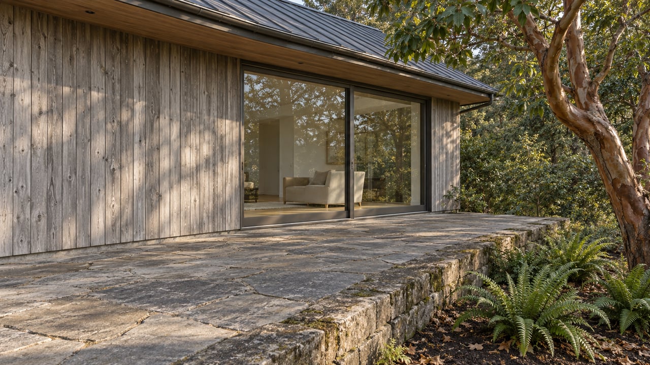 Weathered cedar home beside a sandstone terrace, with closed bronze-framed glazing, a madrone tree, and sword ferns in a lower planting bed.