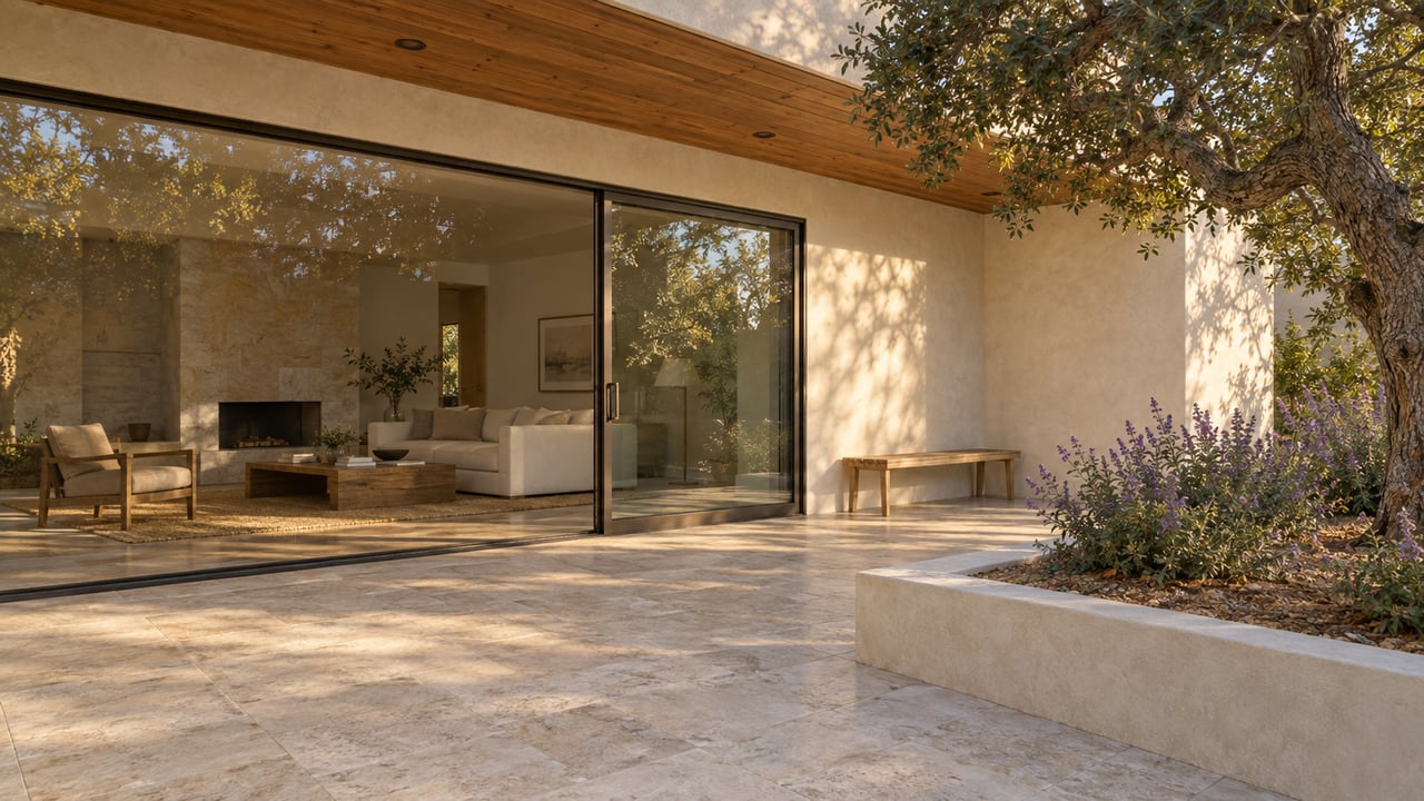 A limestone patio faces a glazed stucco wall beneath a cedar overhang, with an oak tree and salvias in a raised bed.