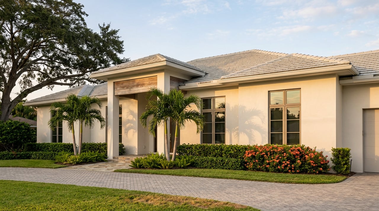 One-story cream stucco home with a tiled hip roof, paired entry columns, palms, oak canopy, lawn, and paver driveway.