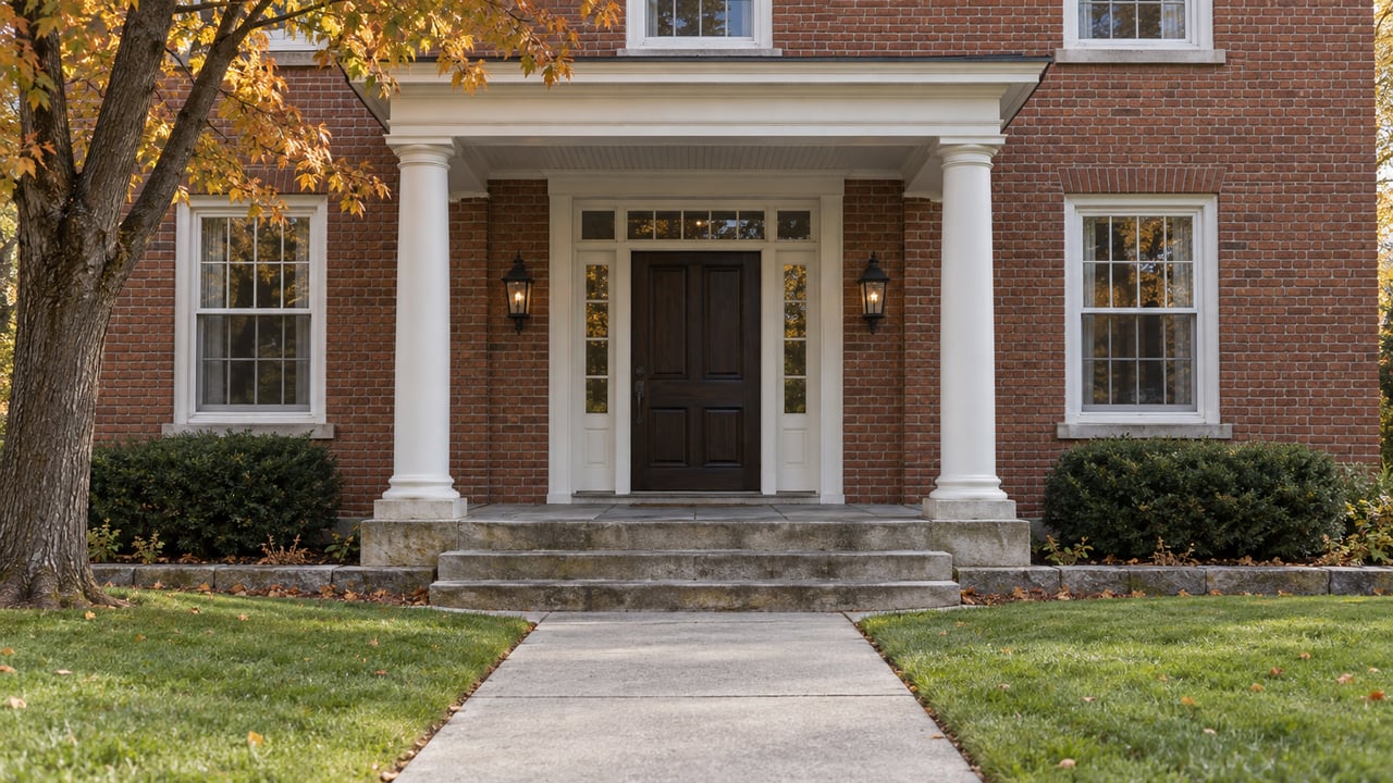 Brick house with white porch columns, a dark paneled door, limestone steps, and an amber maple beside the front approach.