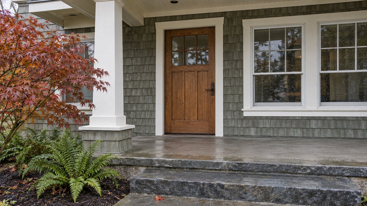 Rain-softened light on a gray-green shingle home's sheltered oak entry, white porch trim, basalt steps and red maple leaves.