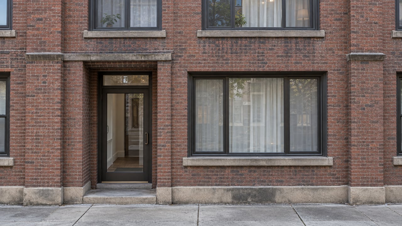Older red-brown brick apartment facade with recessed glazed entrance and two rows of windows.