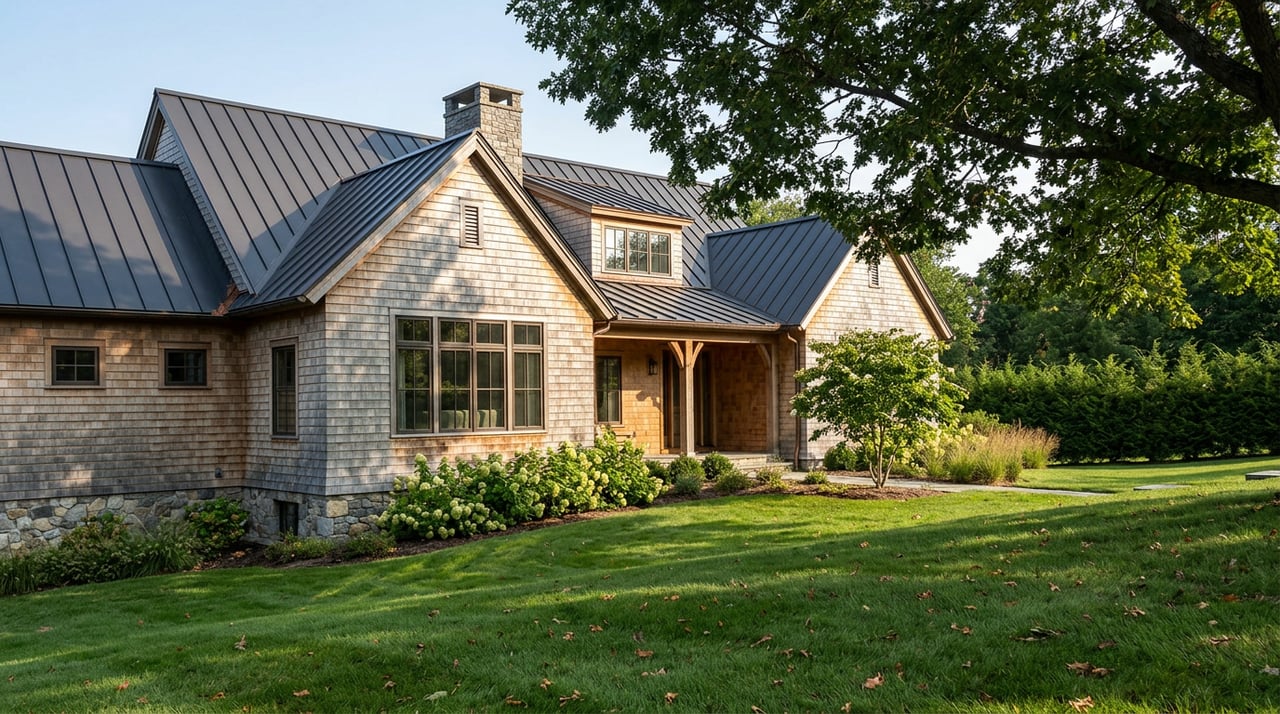Cedar-shingle home with a fieldstone base, gabled roof, and stone chimney behind a leaf-scattered lawn.