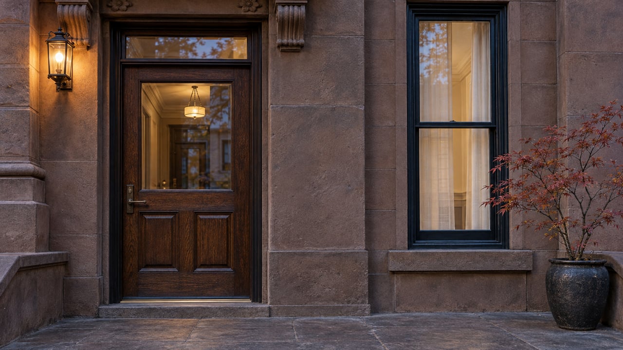A warmly lit oak townhouse entrance framed by weathered brownstone, beside a tall sash window and a potted copper-leaved maple at dusk.