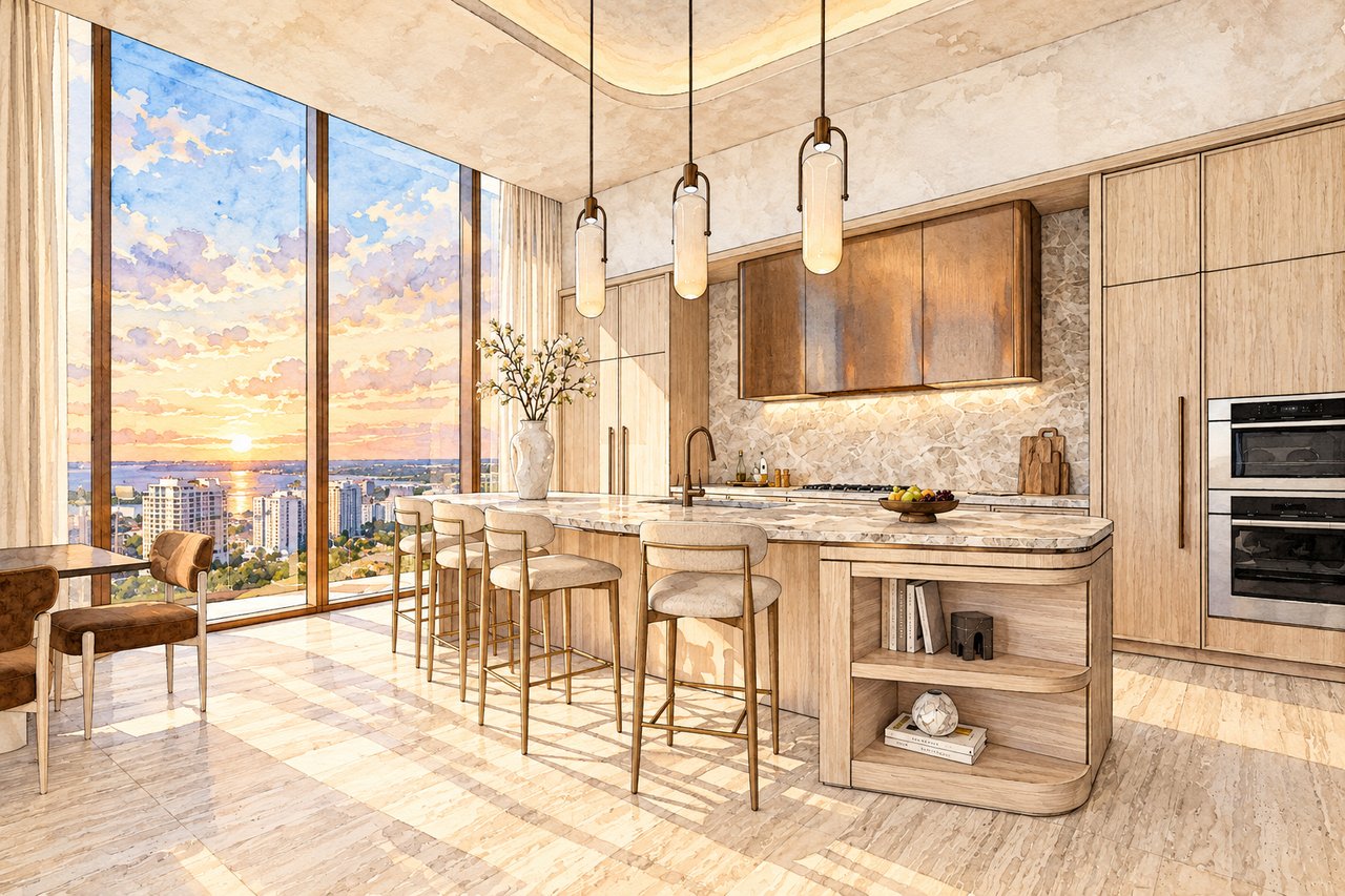 Luxury kitchen with a marble island and floor-to-ceiling windows overlooking the city at sunset