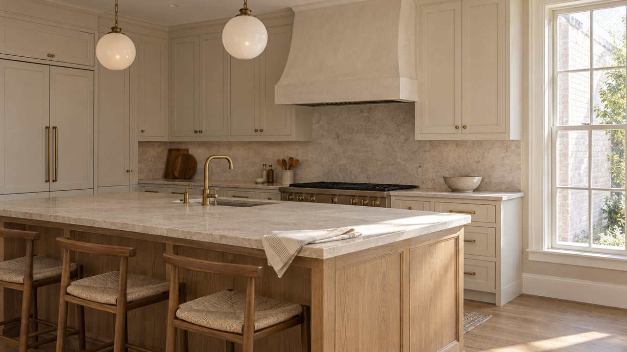 Residential kitchen with an oak island, ivory shaker cabinets, brass pulls, and a glazed window.