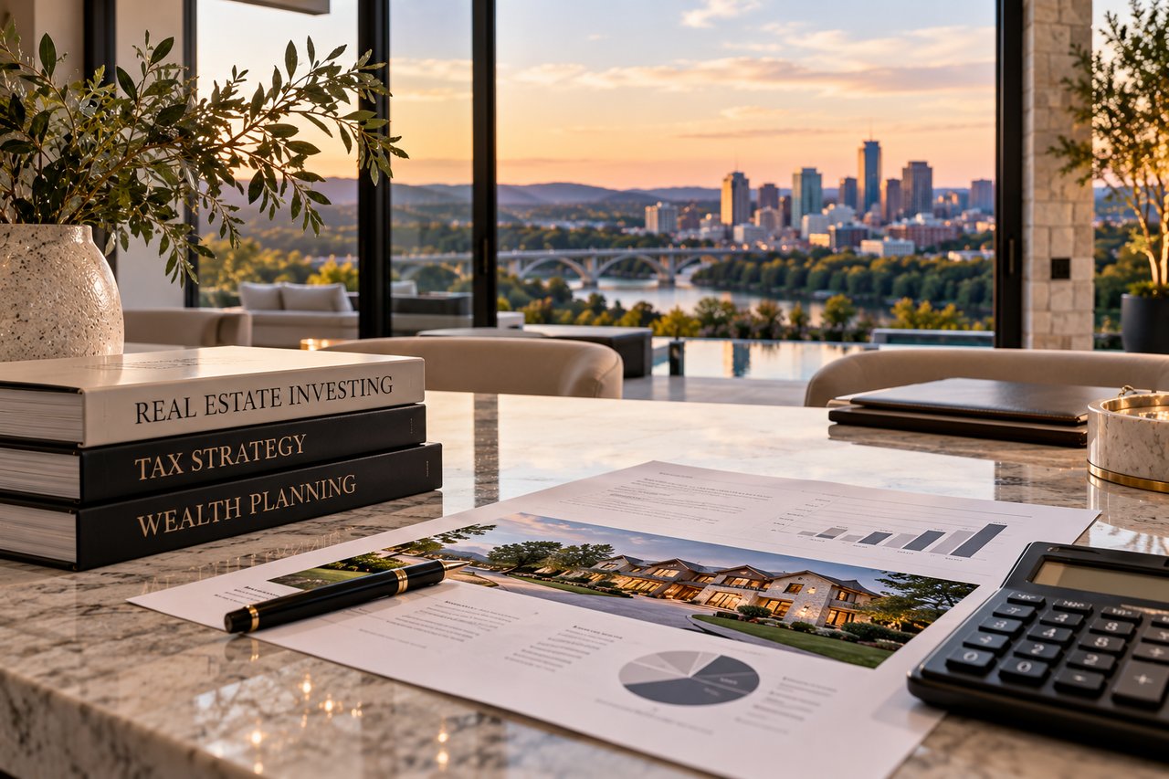 Luxury Tennessee real estate investment setting with tax strategy documents, financial reports, calculator, and high-end property imagery, illustrating potential tax considerations for luxury home buyers.