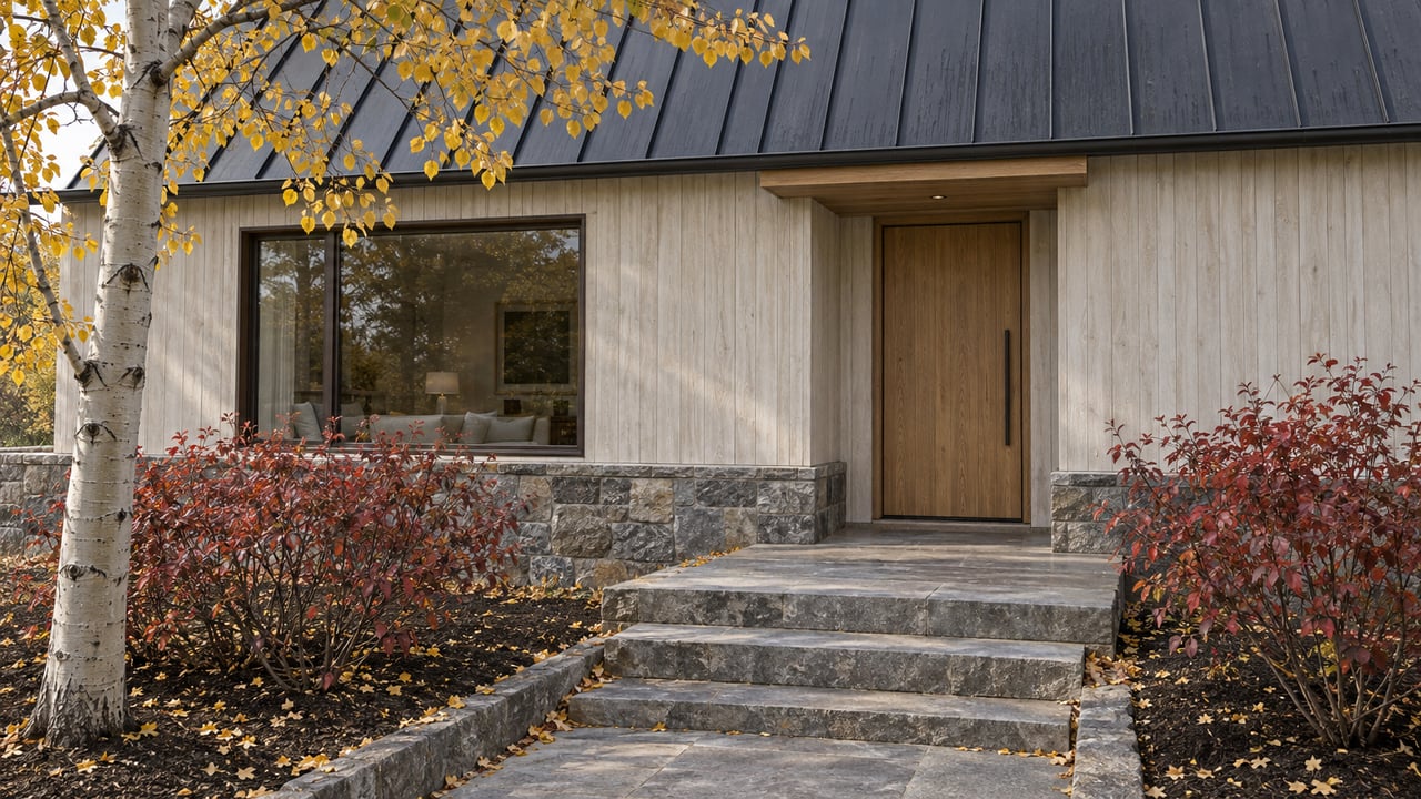 Limewashed timber home with a charcoal gable, oak entrance, stone steps, and burgundy shrubs beneath golden autumn leaves.