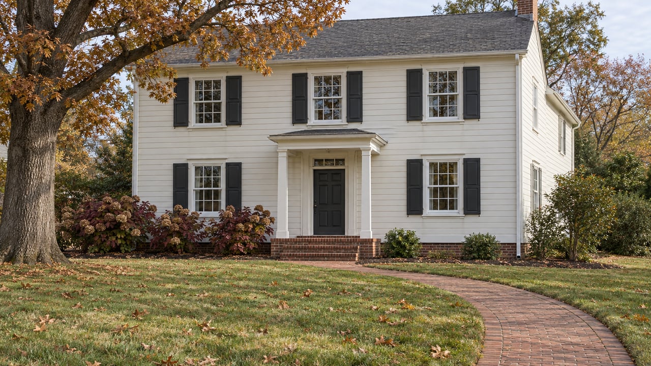 Ivory clapboard home with dark shutters, a brick entry walk, and a broad autumn lawn beneath a mature oak.