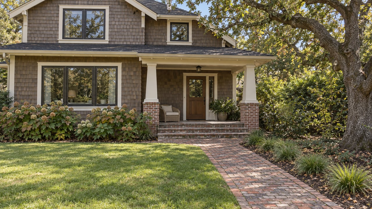 A cedar-shingled home with a covered porch, brick garden approach, broad lawn and mature oak in clear afternoon light.