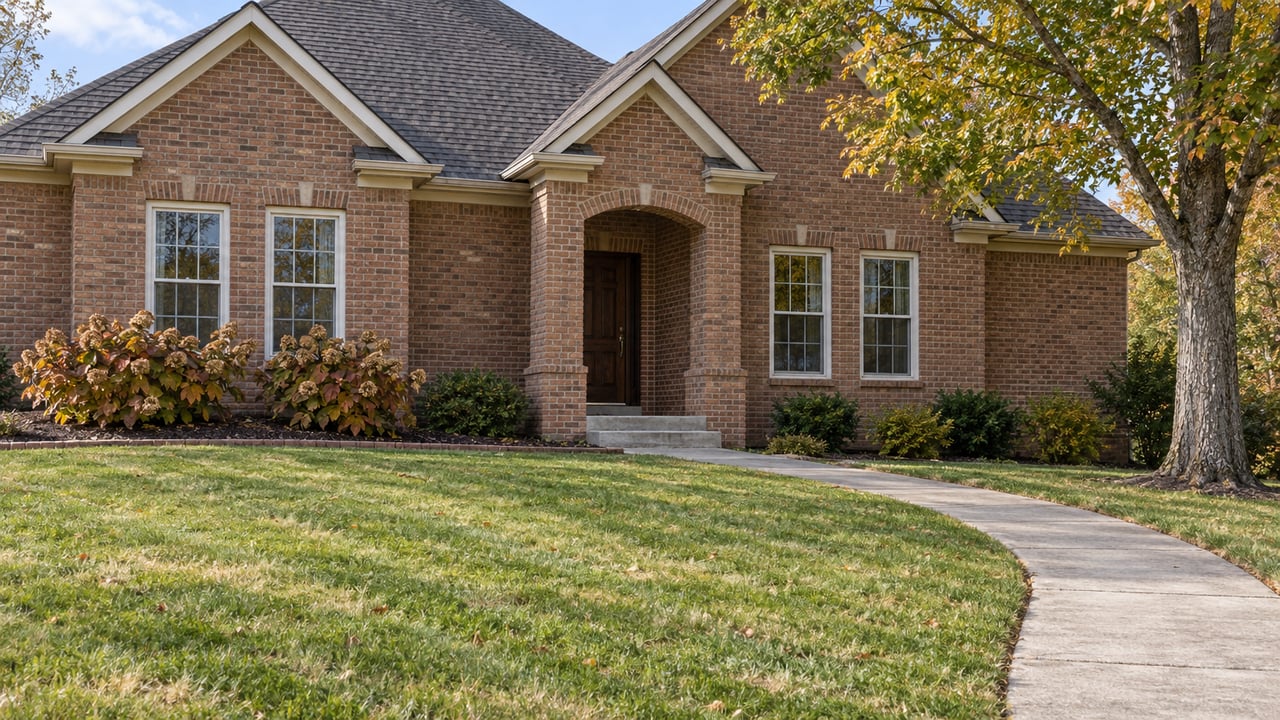 Established brick house behind a broad sloping lawn, with an arched porch and a mature tree showing early autumn color.
