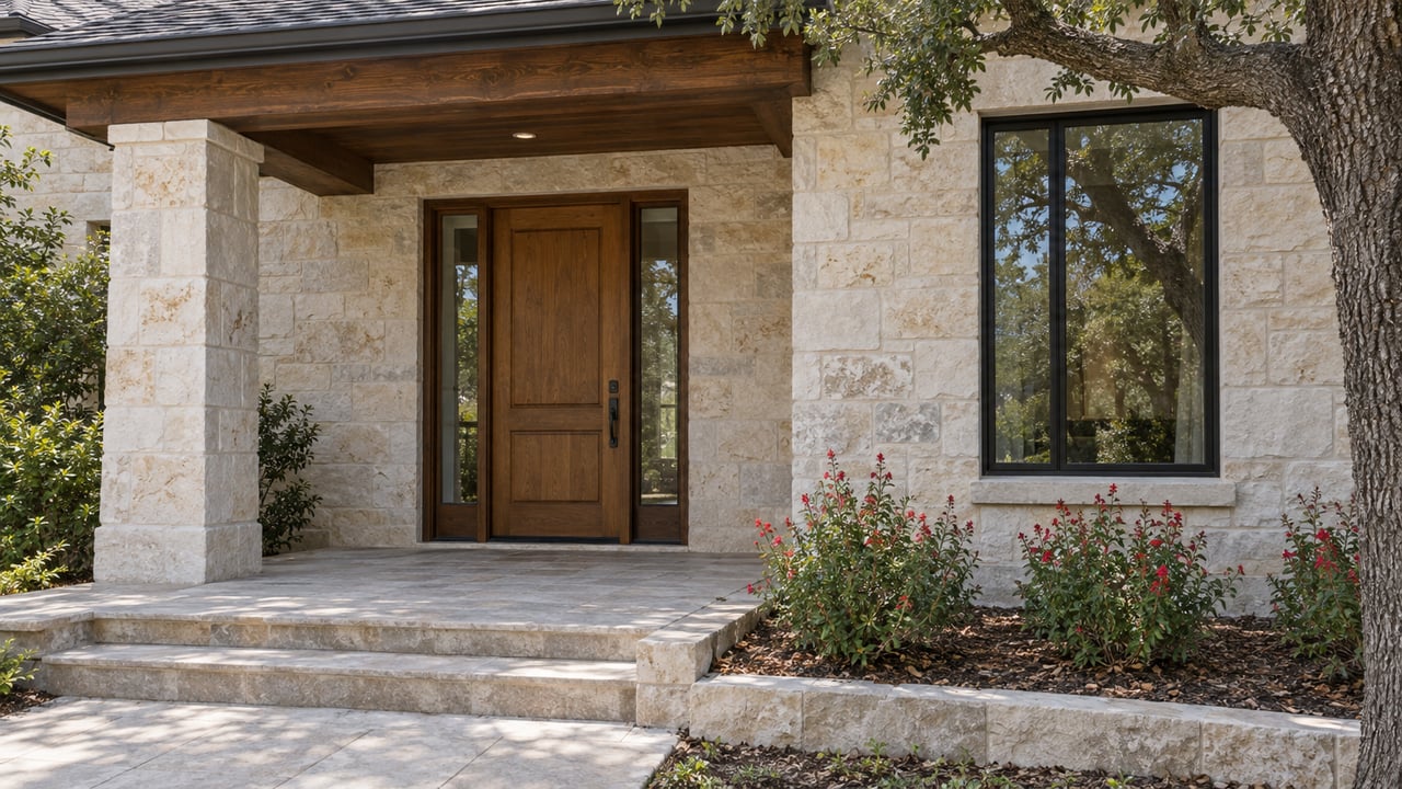 Stone house entrance with a covered porch, wooden door, and flowering plants.