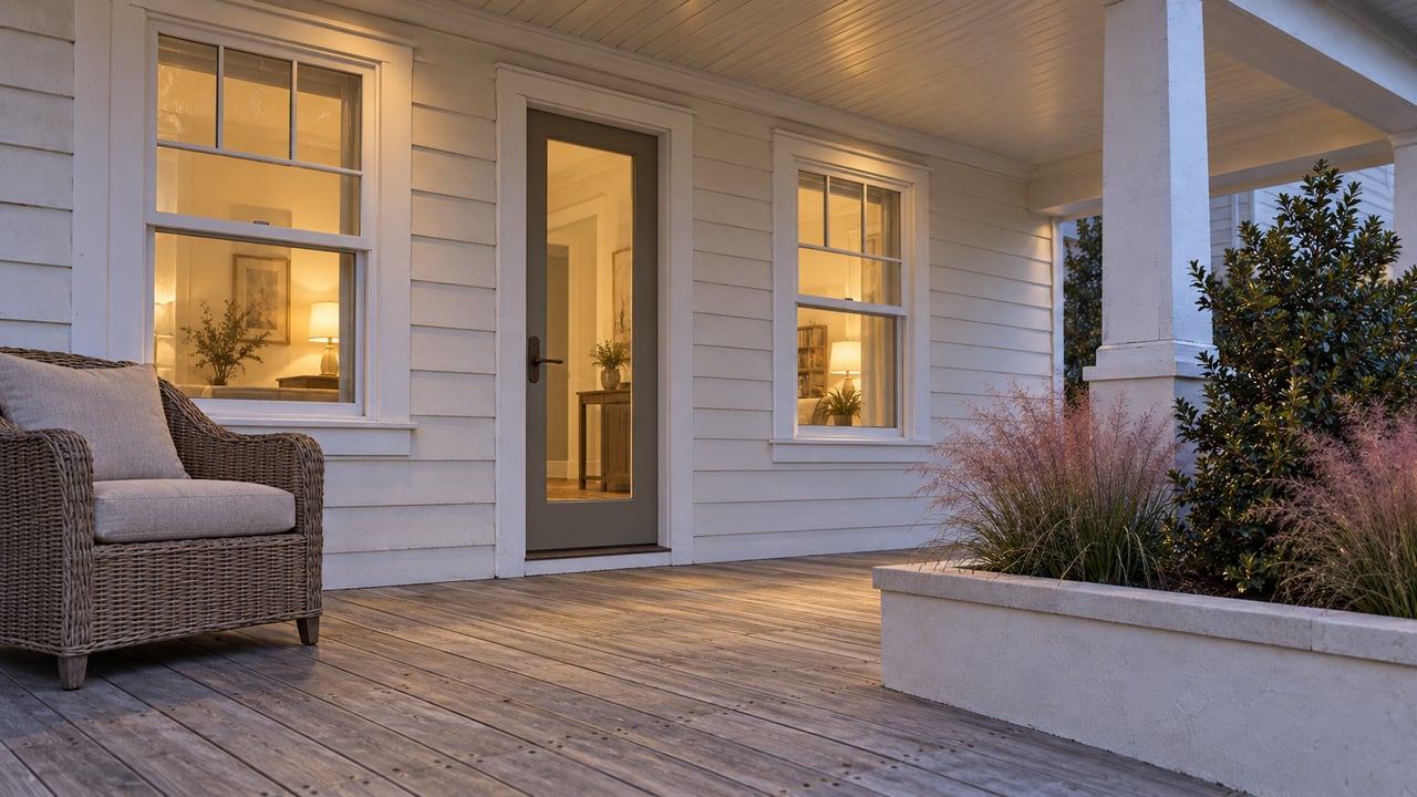 A pale-sided home’s covered porch at blue hour, with warm-lit windows, silvered wood decking, a wicker chair and a raised masonry planter.